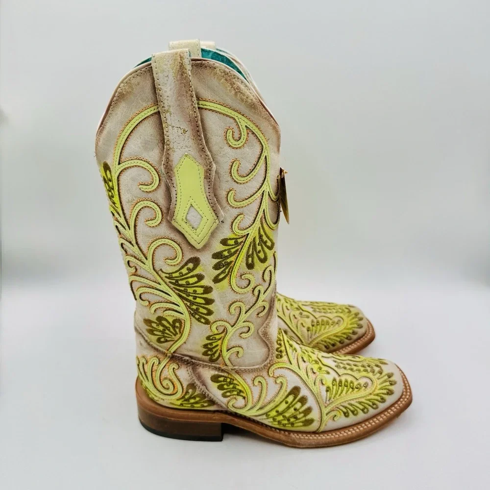 Corral Studded Boots Women's Size 6 M White Floral Green Leather Square Toe‎